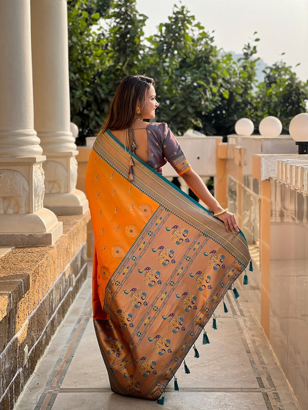 Mustard Soft Paithani Silk Meenakari Weaving Saree With Unstitched Blouse