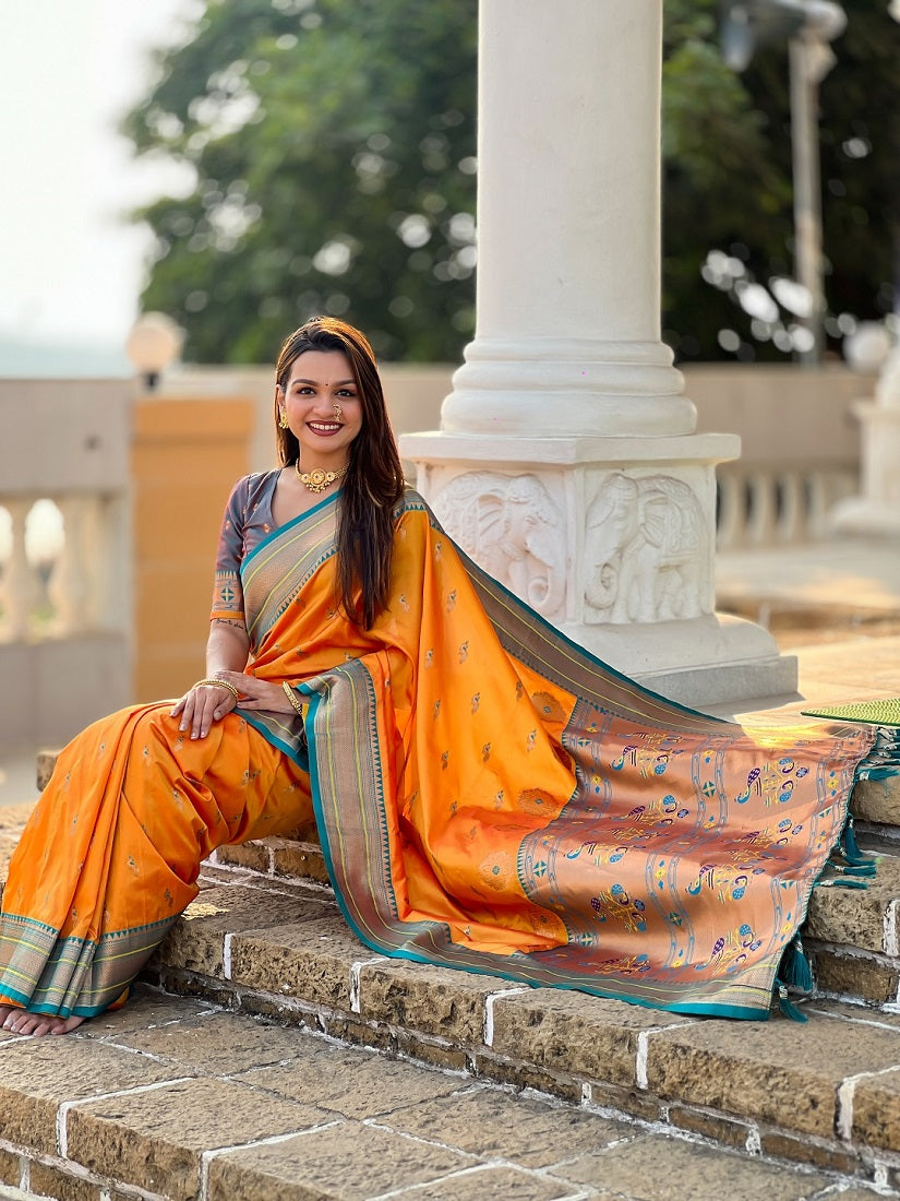 Mustard Soft Paithani Silk Meenakari Weaving Saree With Unstitched Blouse