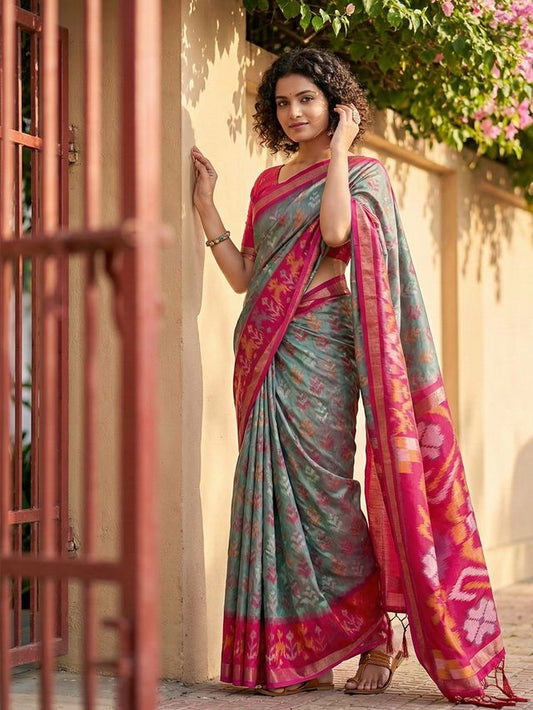 Grey Color Pochampalli Silk Saree With Graceful Woven Designer Looks