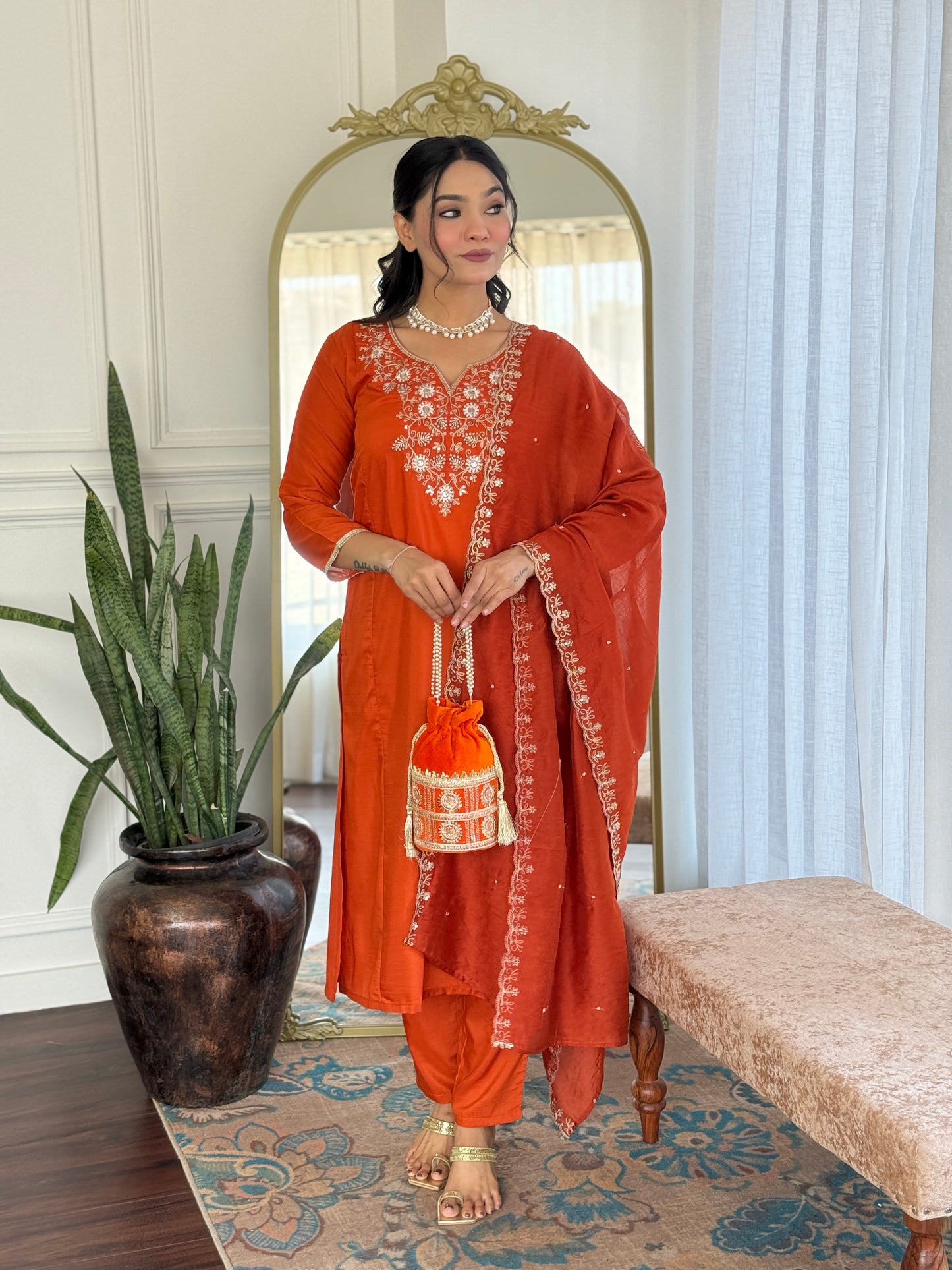 Women's Beautiful Viscose Chinon Embroidered Straight Kurta with Pant And Dupatta Set