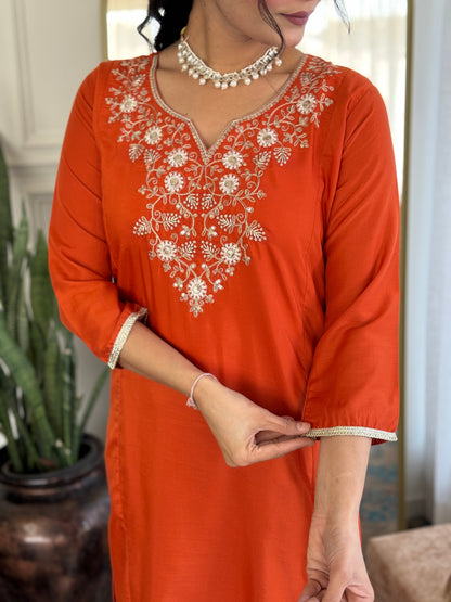Women's Beautiful Viscose Chinon Embroidered Straight Kurta with Pant And Dupatta Set