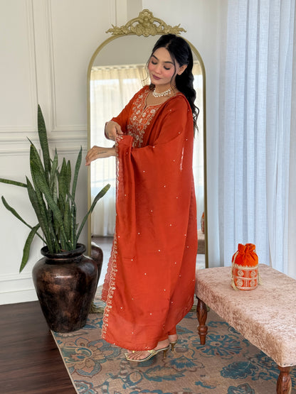 Women's Beautiful Viscose Chinon Embroidered Straight Kurta with Pant And Dupatta Set