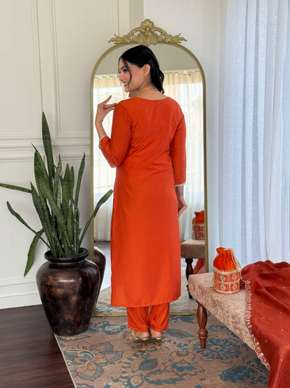 Women's Beautiful Viscose Chinon Embroidered Straight Kurta with Pant And Dupatta Set