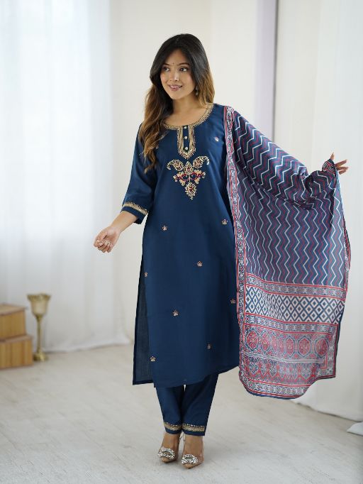 Women's Gorgeous Chanderi Silk Embroidery Straight Kurta with Pant and Dupatta Set