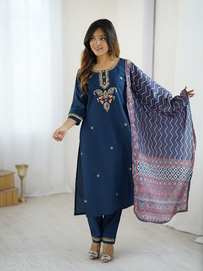 Women's Gorgeous Chanderi Silk Embroidery Straight Kurta with Pant and Dupatta Set