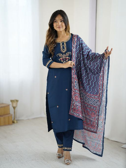 Women's Gorgeous Chanderi Silk Embroidery Straight Kurta with Pant and Dupatta Set