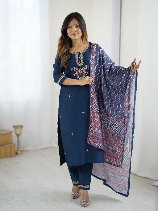 Women's Gorgeous Chanderi Silk Embroidery Straight Kurta with Pant and Dupatta Set