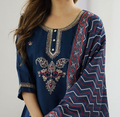 Women's Gorgeous Chanderi Silk Embroidery Straight Kurta with Pant and Dupatta Set