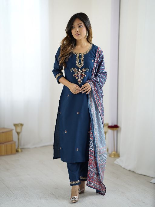 Women's Gorgeous Chanderi Silk Embroidery Straight Kurta with Pant and Dupatta Set