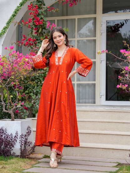 Women Beautiful Viscose Chanderi Fabric Flared Kurta, Pant and Dupatta Set