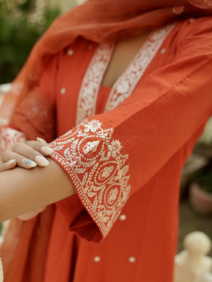 Women Beautiful Viscose Chanderi Fabric Flared Kurta, Pant and Dupatta Set