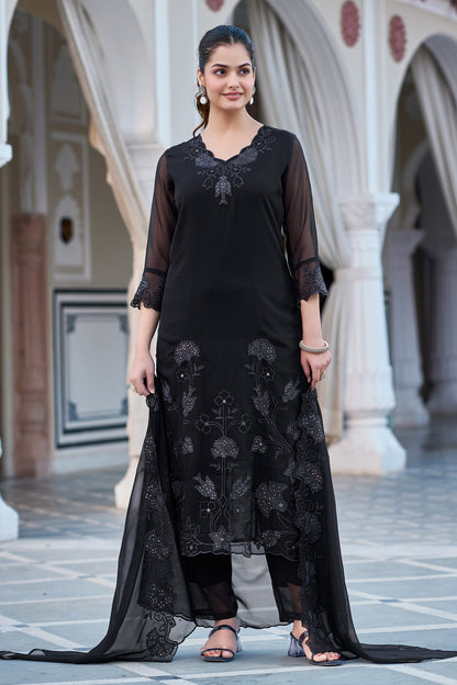 Women's Gorgeous Fox Georgette Embroidery Straight Kurta with Pant and Dupatta Set