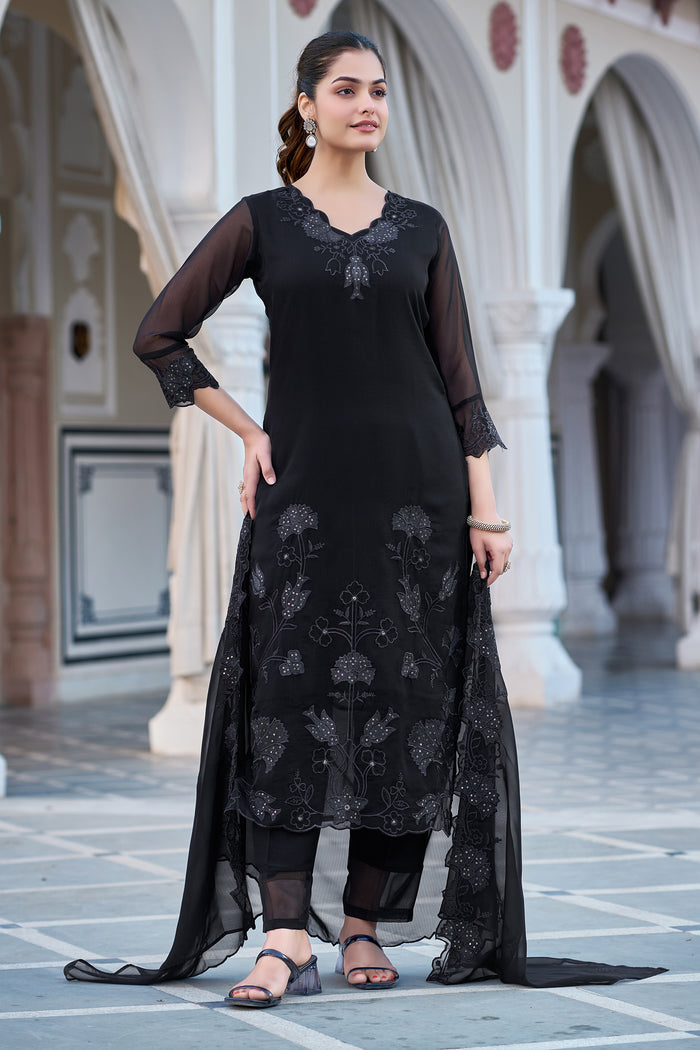 Women's Gorgeous Fox Georgette Embroidery Straight Kurta with Pant and Dupatta Set