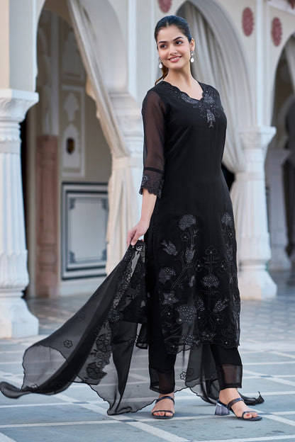 Women's Gorgeous Fox Georgette Embroidery Straight Kurta with Pant and Dupatta Set