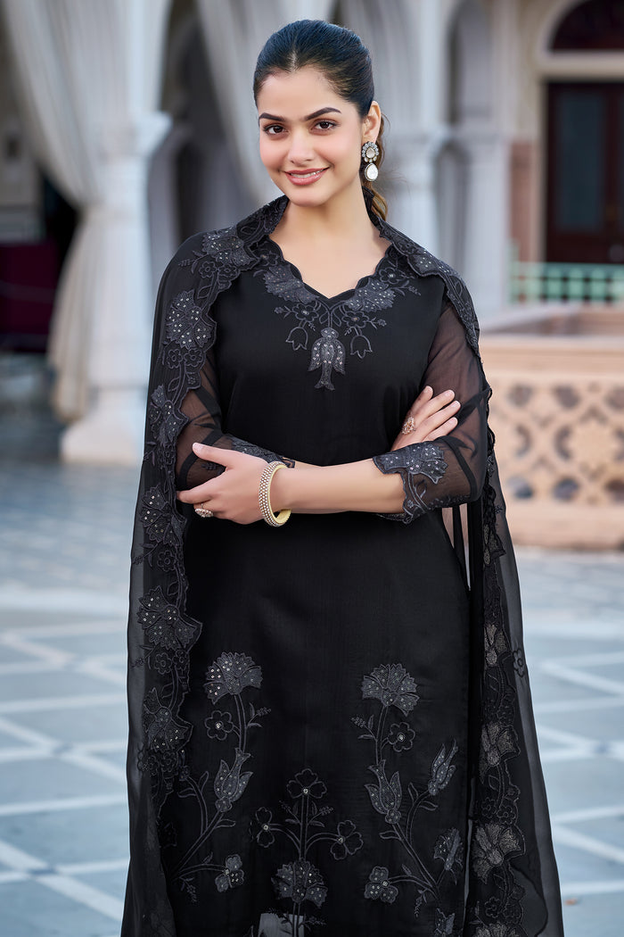 Women's Gorgeous Fox Georgette Embroidery Straight Kurta with Pant and Dupatta Set