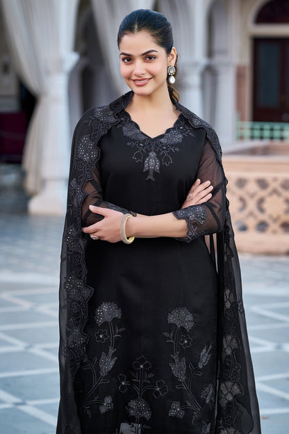 Women's Gorgeous Fox Georgette Embroidery Straight Kurta with Pant and Dupatta Set