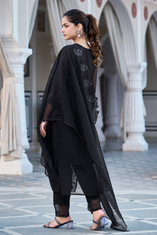 Women's Gorgeous Fox Georgette Embroidery Straight Kurta with Pant and Dupatta Set