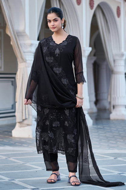 Women's Gorgeous Fox Georgette Embroidery Straight Kurta with Pant and Dupatta Set