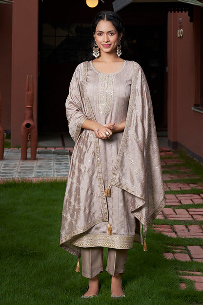Women's Gorgeous Vichitra Silk Embroidery Straight Kurta with Pant and Dupatta Set