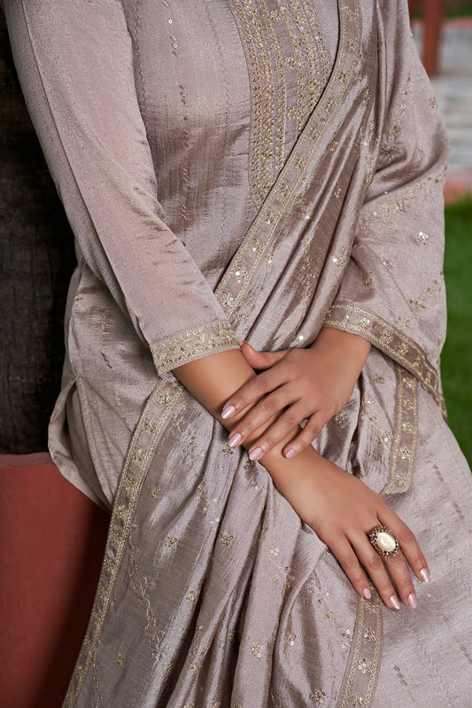 Women's Gorgeous Vichitra Silk Embroidery Straight Kurta with Pant and Dupatta Set