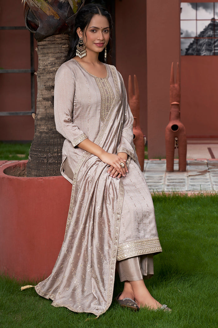 Women's Gorgeous Vichitra Silk Embroidery Straight Kurta with Pant and Dupatta Set