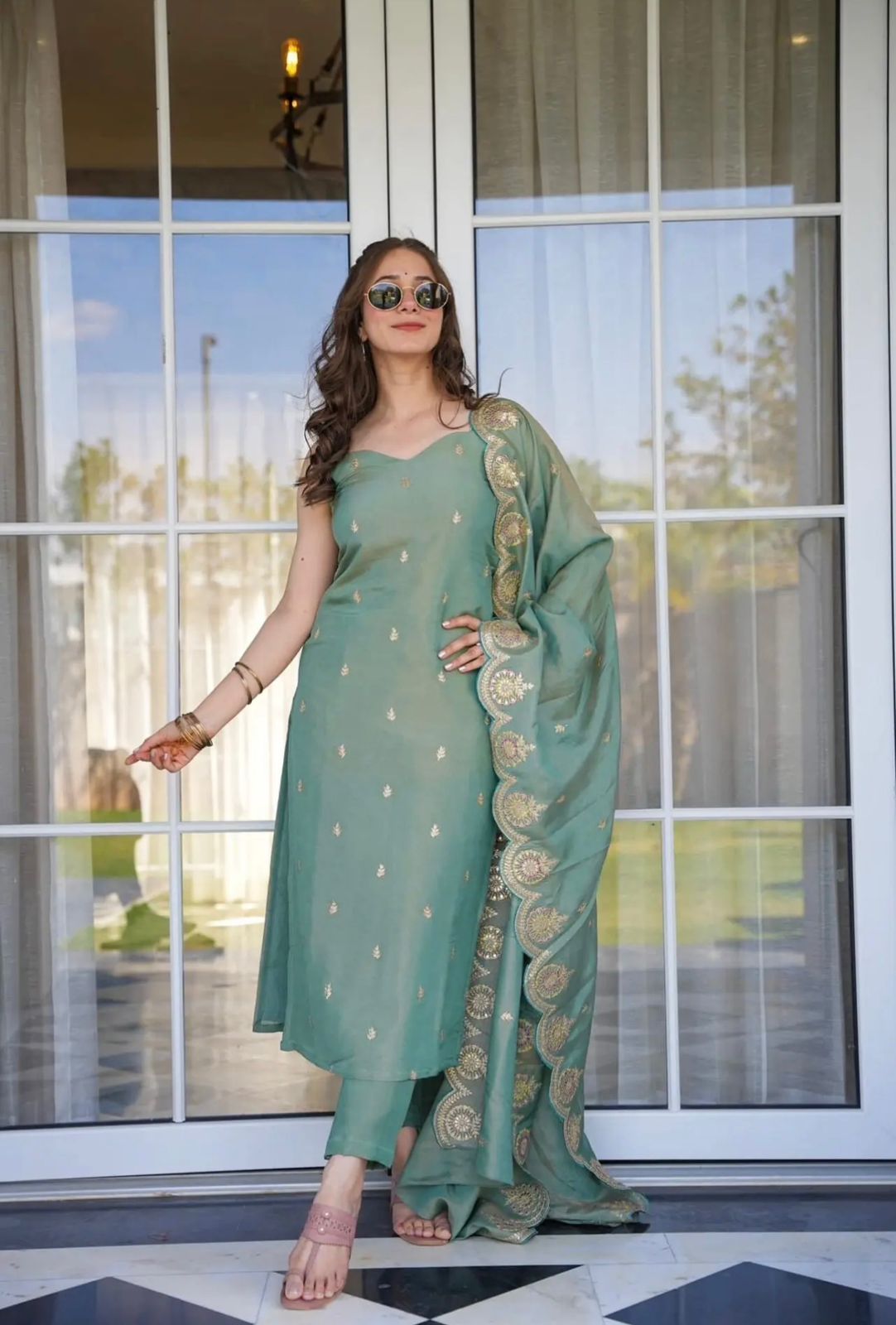 Women Viscose Zari Chanderi Fabric Straight Kurta, Pant and Dupatta Set