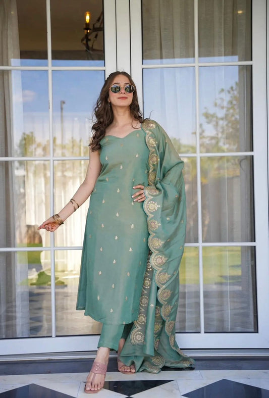 Women Viscose Zari Chanderi Fabric Straight Kurta, Pant and Dupatta Set
