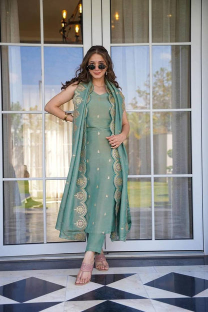 Women Viscose Zari Chanderi Fabric Straight Kurta, Pant and Dupatta Set