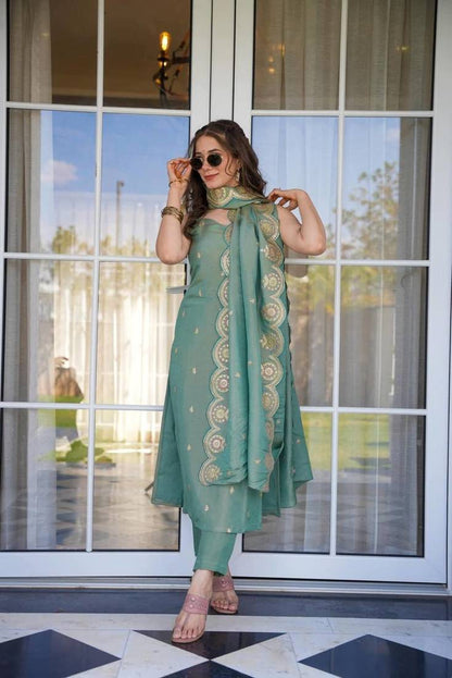 Women Viscose Zari Chanderi Fabric Straight Kurta, Pant and Dupatta Set