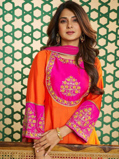 Orange Color Beautiful Chanderi Fabric Designer Ceremonial Readymade Suit