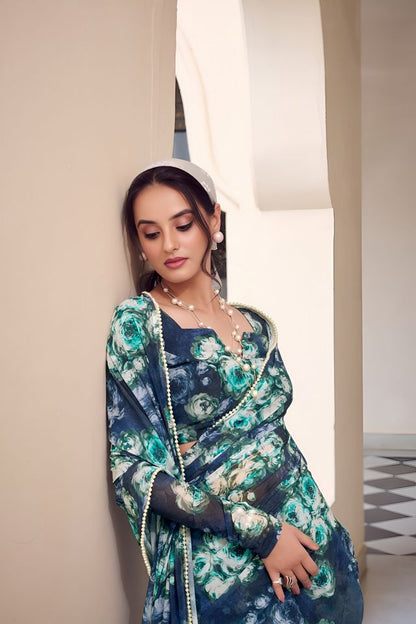 Teal Color Georgette Fabric Beautiful Floral Printed Saree