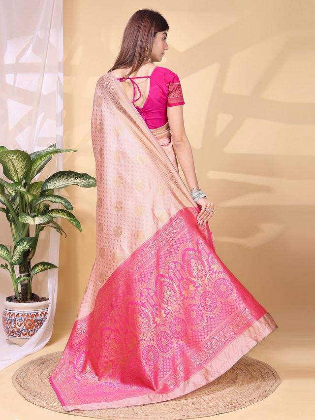 Pink Color Lichi Silk Fabric Beautiful Woven Designer Saree