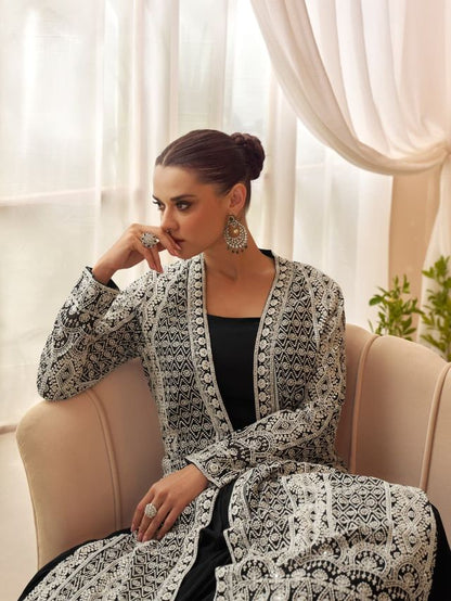 Heavy Silks Black Long Top With Silk Shrug Free Size Upto 42
