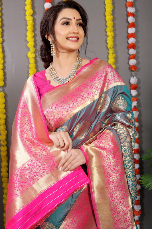 Grey Woven Design Pure Silk Banarasi Saree With Blouse
