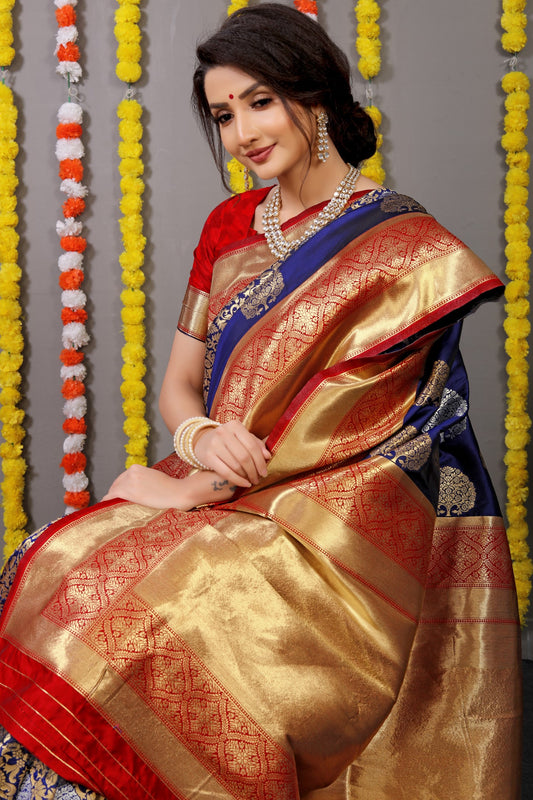 Navy Woven Design Pure Silk Banarasi Saree With Blouse