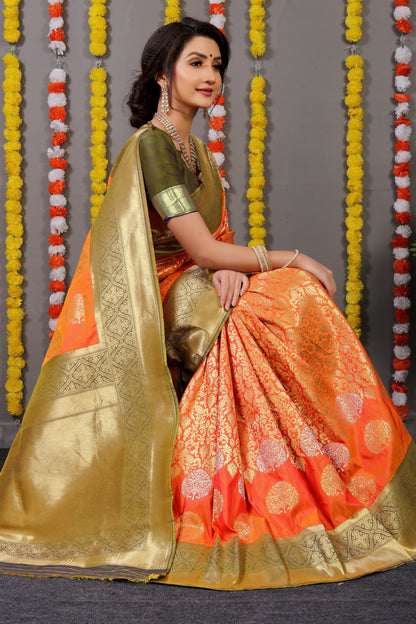 Orange Woven Design Pure Silk Banarasi Saree With Blouse