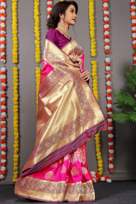 Pink Woven Design Pure Silk Banarasi Saree With Blouse