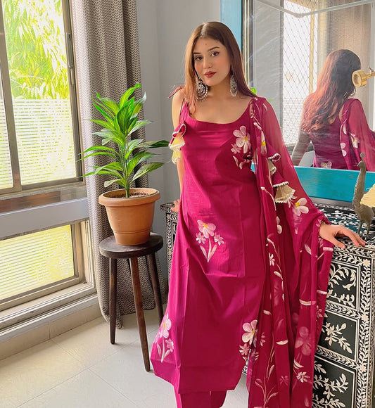 Floral Women's Crepe Fabric Straight Kurta,Pant and Dupatta Set JK