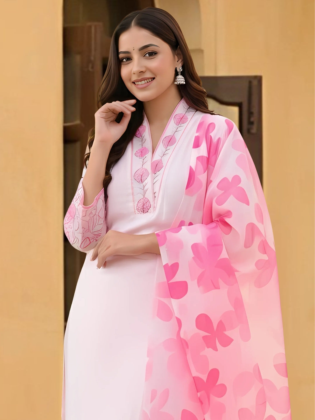 Women's Beautiful Chanderi Fabric Printed Work Straight Kurta Pant and Dupatta Set Maya