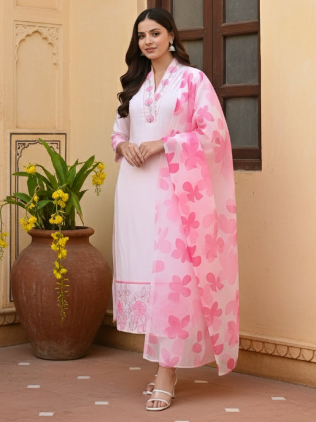 Women's Beautiful Chanderi Fabric Printed Work Straight Kurta Pant and Dupatta Set Maya