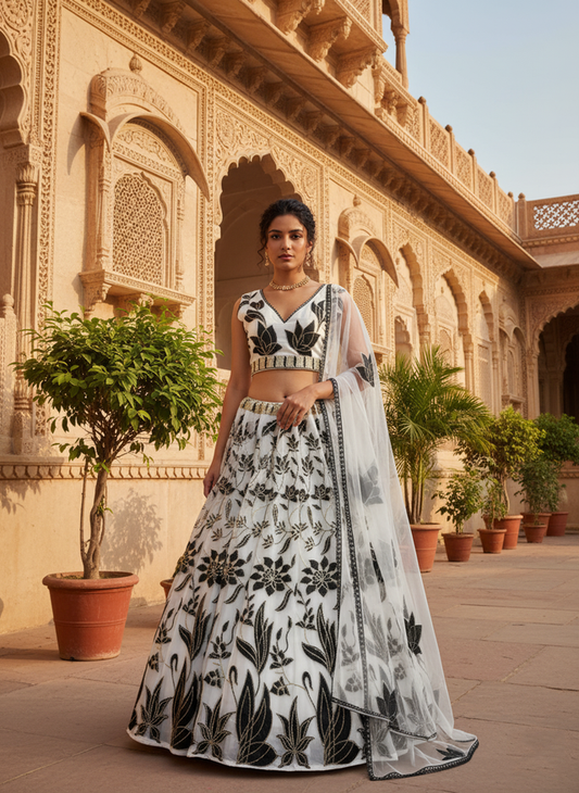 Embroidered Wedding Lehenga Set for Women HKV-00270 OFF WHITE