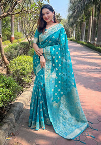 Sky Blue Color Organza Fabric Woven Designer Ceremonial Partywear Saree