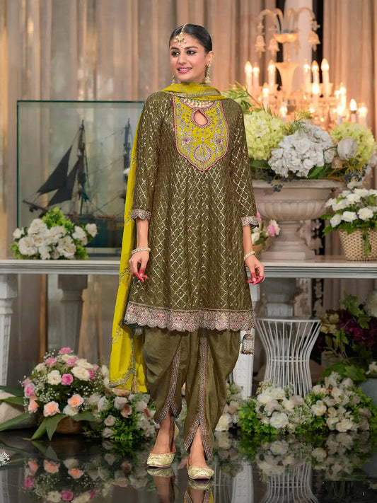 Mehndi Embroderied Silk Stitched Dhoti Suit