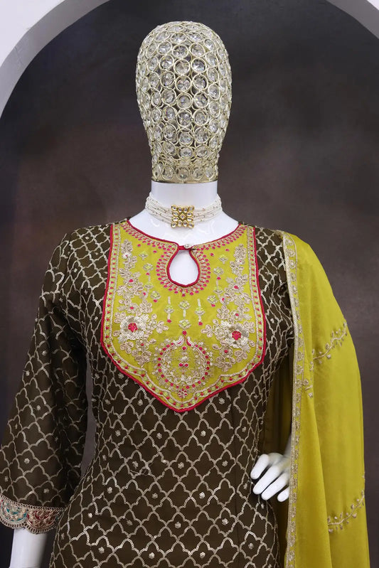 Mehndi Embroderied Silk Stitched Dhoti Suit