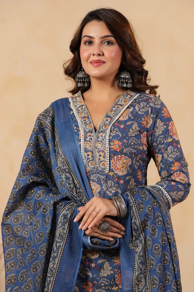 Blue Color Cotton Fabric Stylish And Trendy Kurta Set For Ethnic Girls