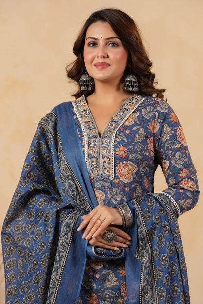 Blue Color Cotton Fabric Stylish And Trendy Kurta Set For Ethnic Girls