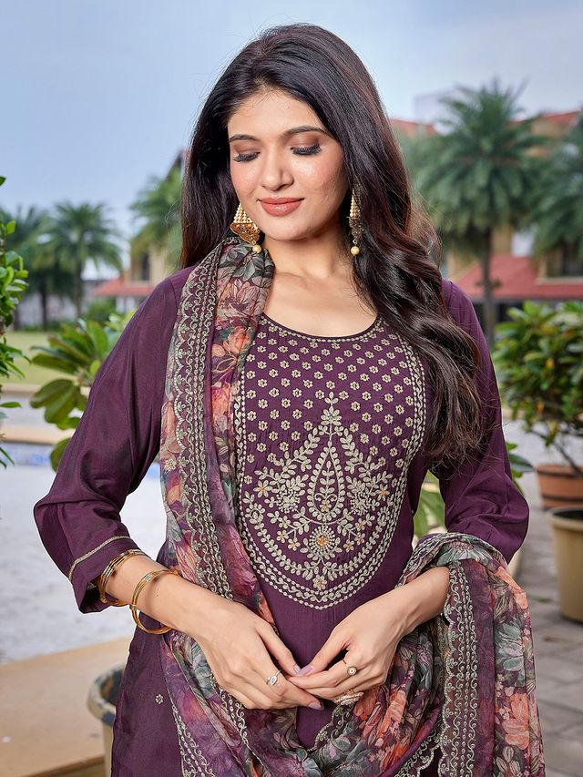 Wine Color Stylish Partywear Readymade Ethnic Suit