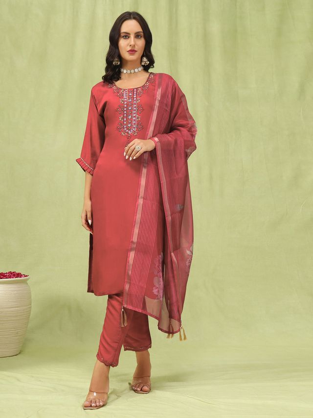 Peach Color Viscose Roman Silk Fabric Designer Embroidery Work Sophisticated Girlie Salwar Kameez