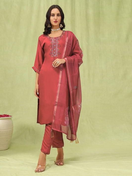 Peach Color Viscose Roman Silk Fabric Designer Embroidery Work Sophisticated Girlie Salwar Kameez