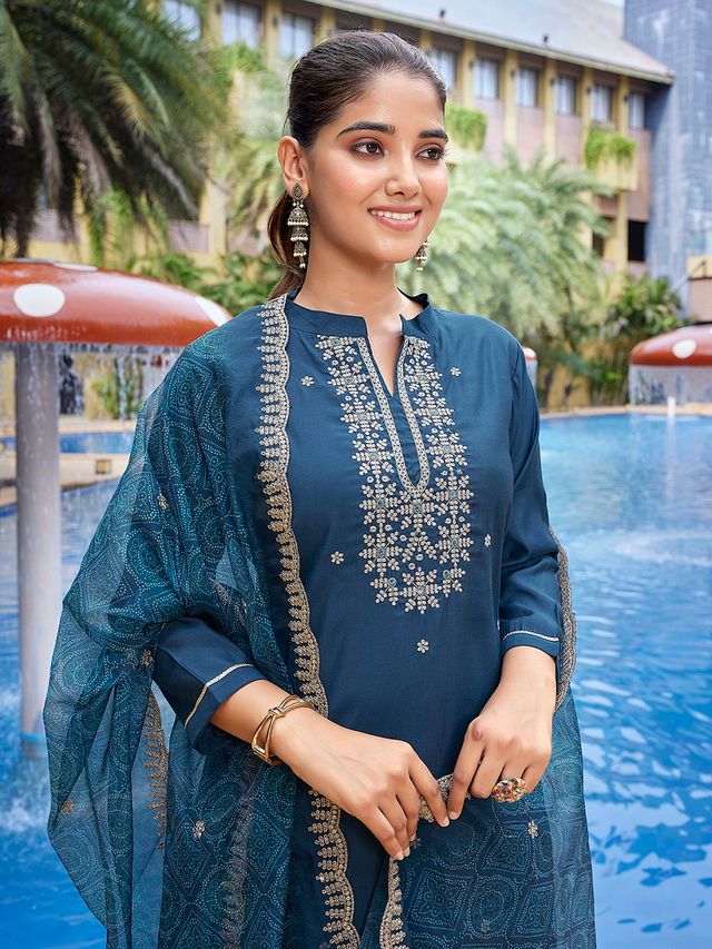 Teal Color Stylish Partywear Readymade Ethnic Suit